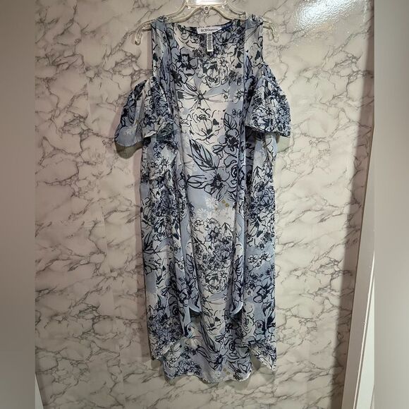 BCBGeneration Blue Floral Sheer Lightweight Cold Shoulder Kimono Top One Size - Picture 2 of 7
